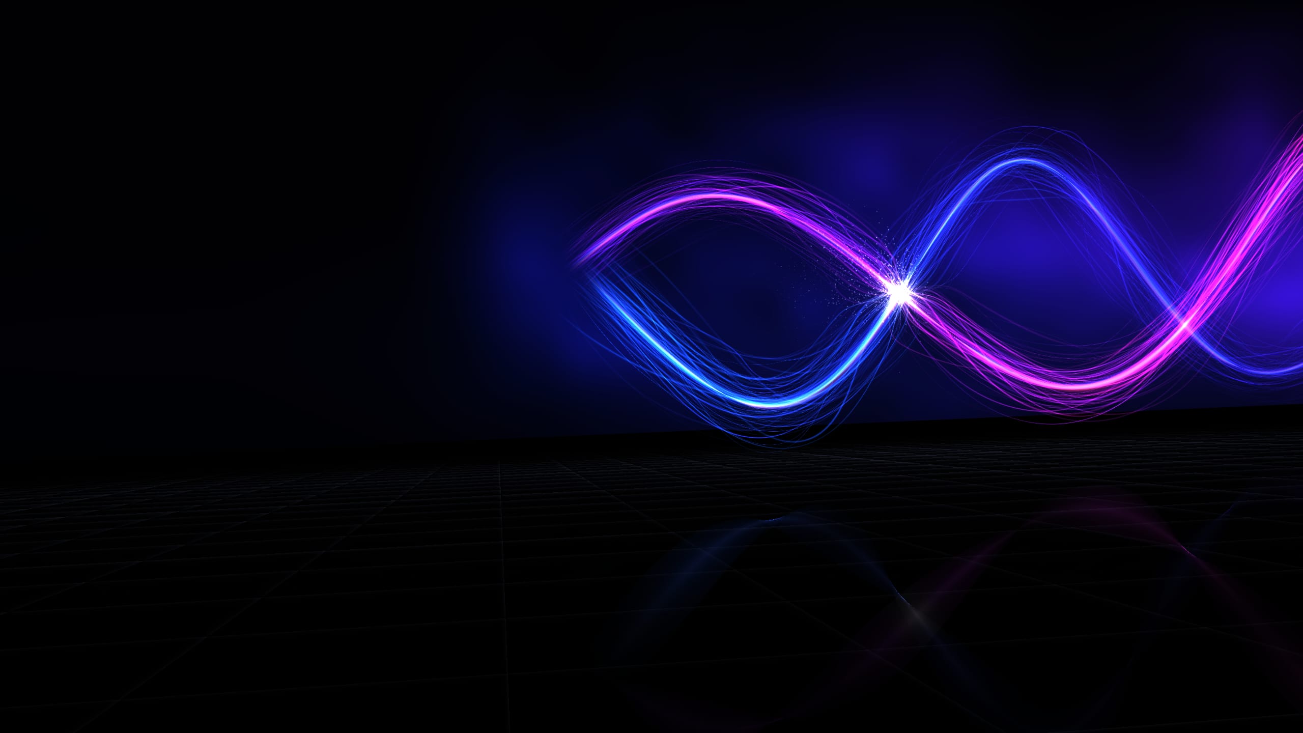 Two luminous ribbons of light — a coin pair — converging and crossing above a dark granite floor